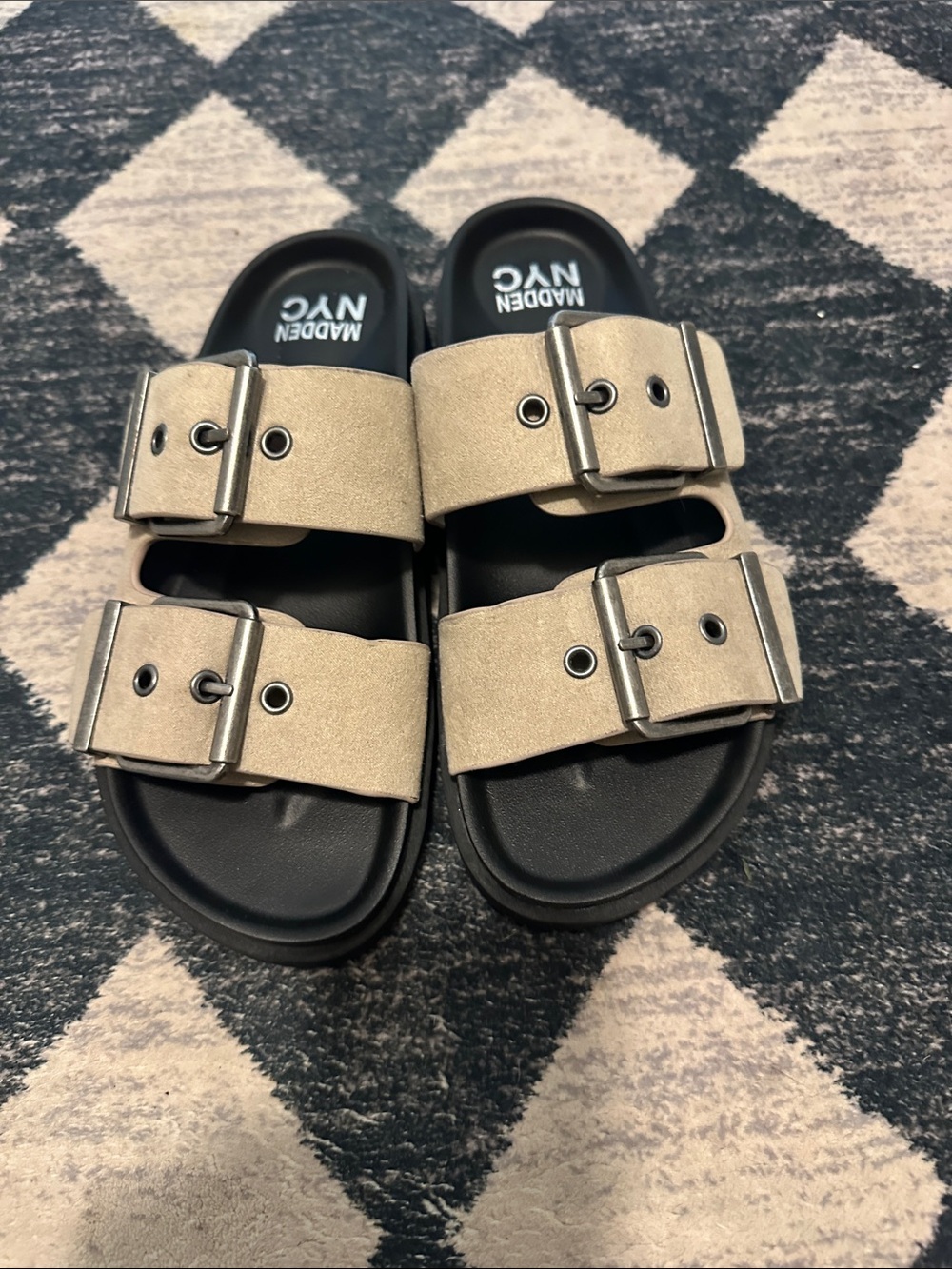 Madden NYC Women's Double Buckle Slide Sandals in Beige
